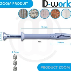 D-Work Cheville À Frapper-600 Chevilles à Frapper NHS D. 5 x Lt. 45 mm avec Vis Tête Fraisée (en seau) -