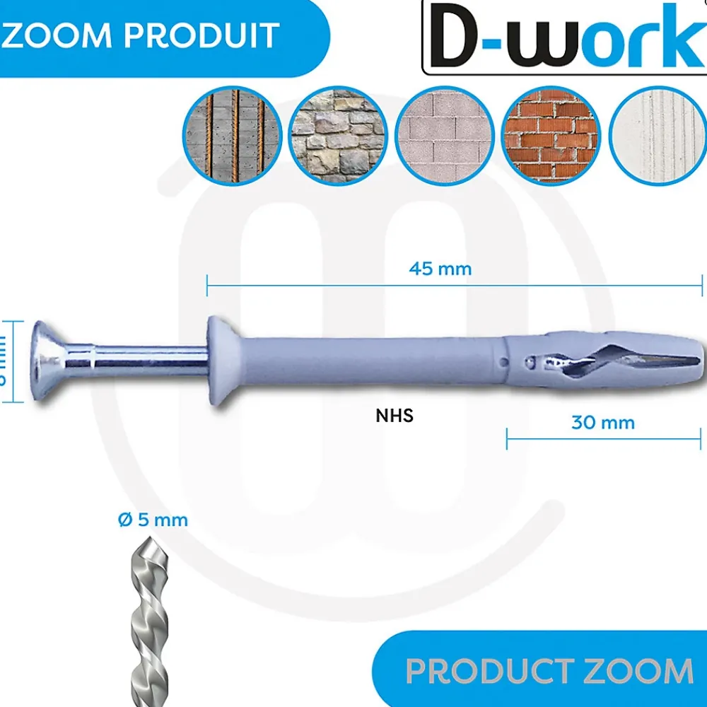 D-Work Cheville À Frapper-600 Chevilles à Frapper NHS D. 5 x Lt. 45 mm avec Vis Tête Fraisée (en seau) -