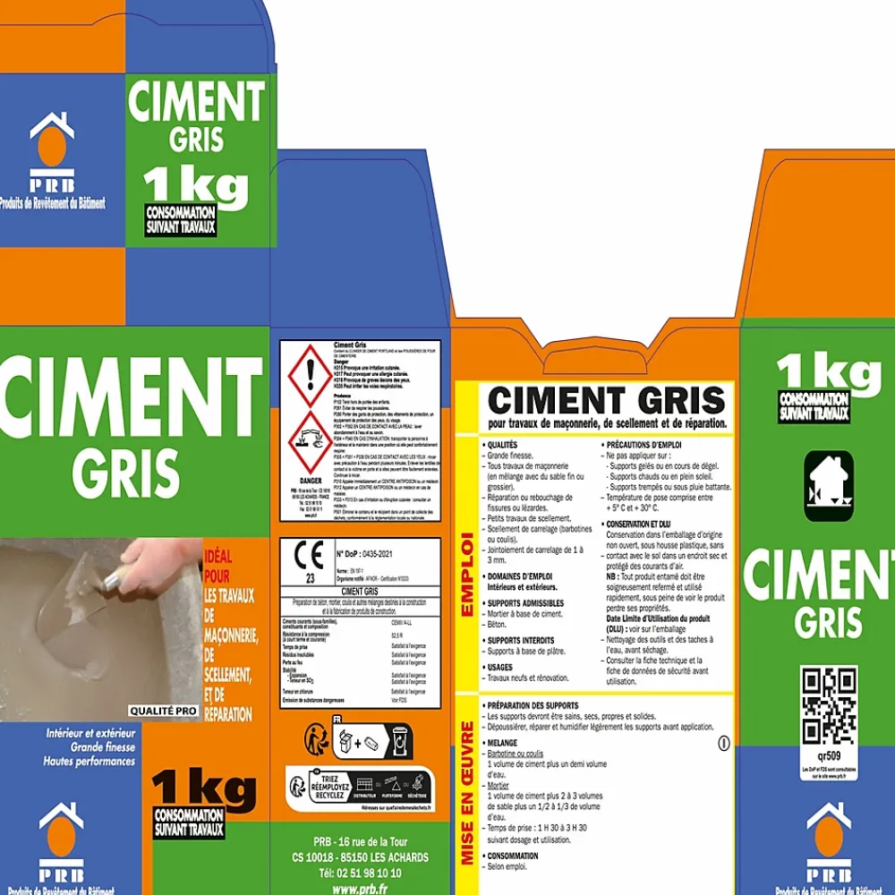 Prb Ciment Gris Polyvalent 1kg - Finesse et Séchage Rapide - Maçonnerie, Réparation, Scellement et Jointoiement Intérieur/Extérieur