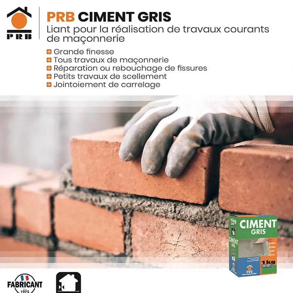 Prb Ciment Gris Polyvalent 1kg - Finesse et Séchage Rapide - Maçonnerie, Réparation, Scellement et Jointoiement Intérieur/Extérieur