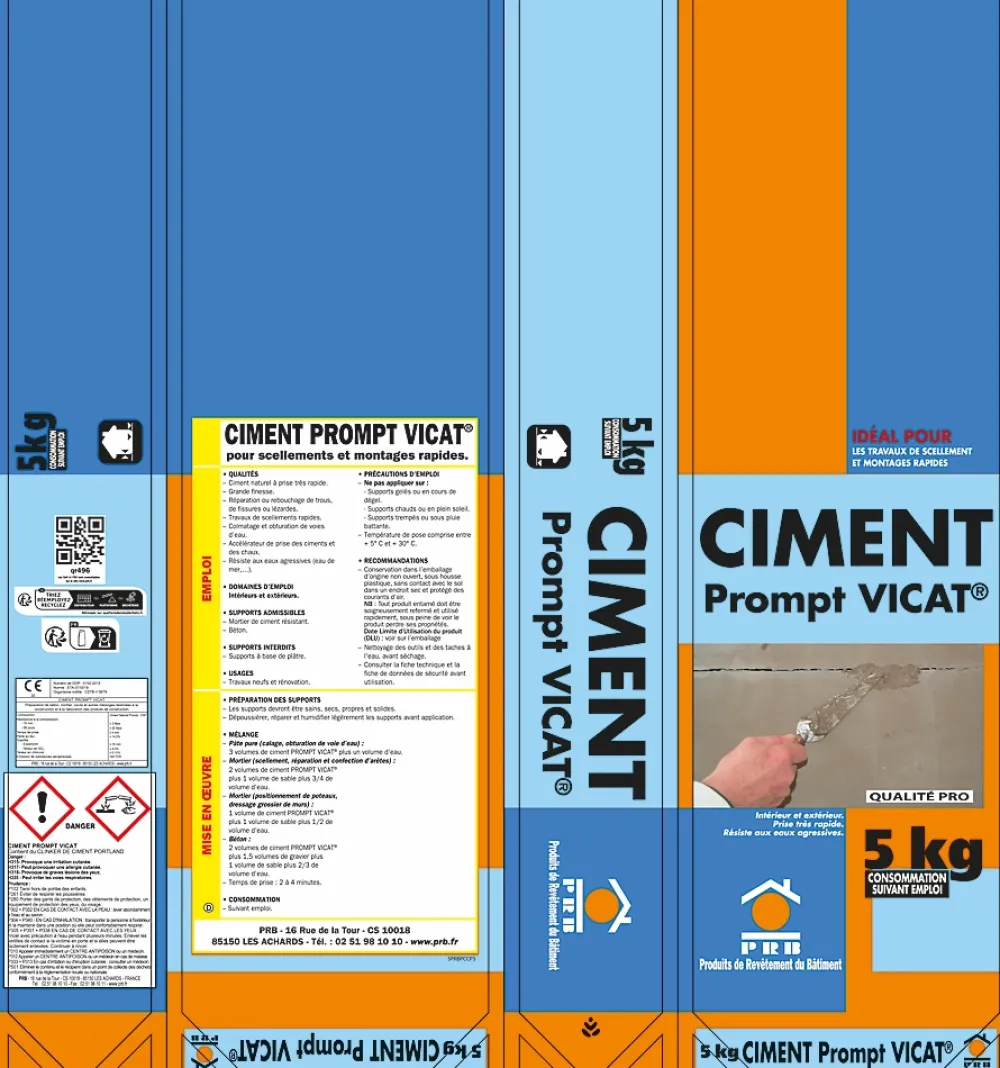 Prb Ciment Prompt Naturel Vicat 5kg - Prise Ultra-Rapide, Haute Résistance Initiale - Idéal pour Réparations Express, Maçonnerie,