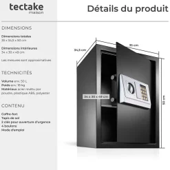 Tectake Coffre-Fort-Coffre-fort électronique en acier 50 x 35 x 34,5 cm fer noir