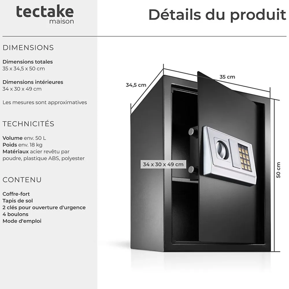 Tectake Coffre-Fort-Coffre-fort électronique en acier 50 x 35 x 34,5 cm fer noir