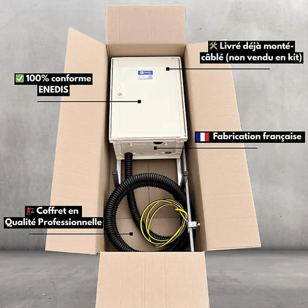 Tecko Tableau Électrique Pré-Équipé-Coffret de chantier monophasé 3/6/9 kW - pack complet raccordement souterrain 3m conforme ENEDIS avec 1 prise et bornier IP2X
