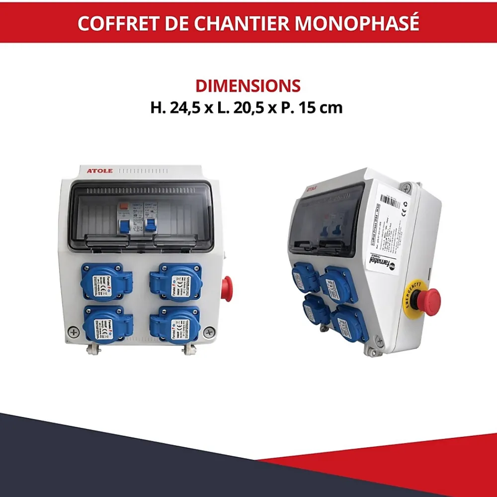 Atole Coffret de Chantier Monophasé 230V - 4 Prises NF 2P+T - 16A - 9 Modules - Coffret Électrique sans câble
