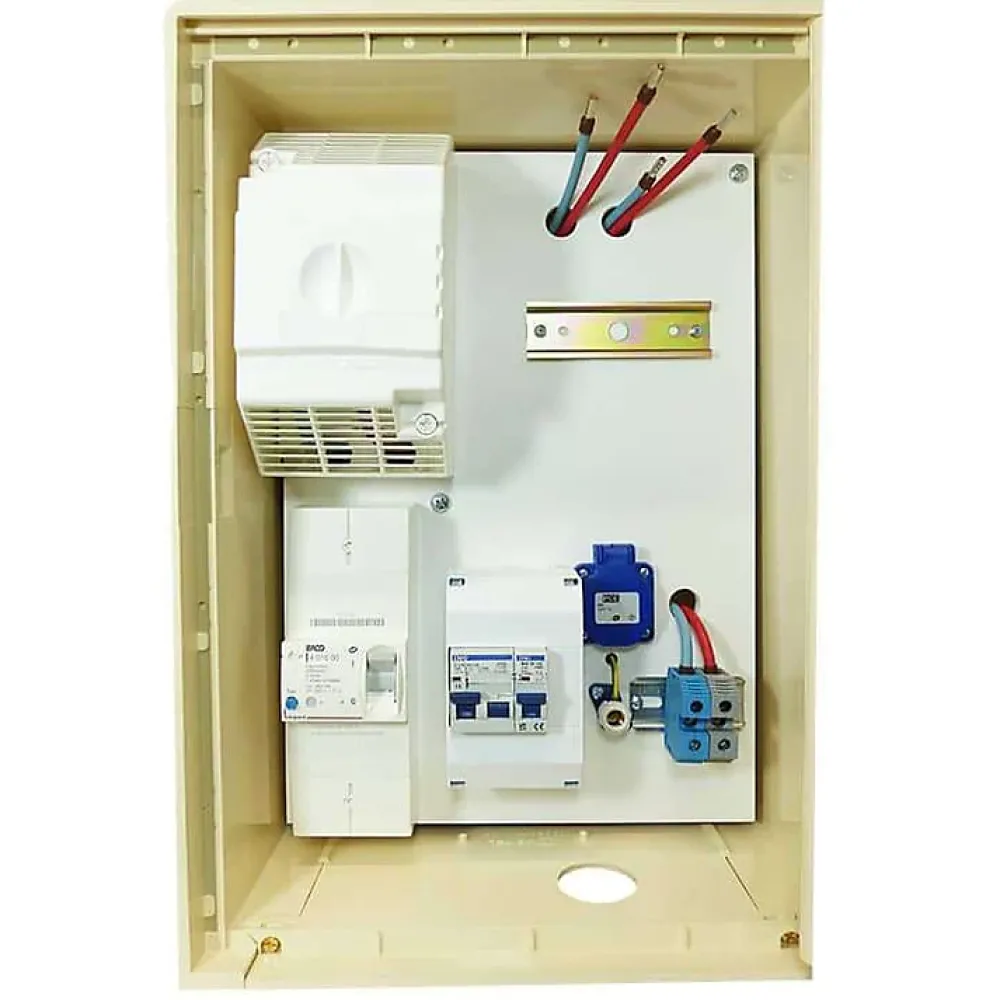Tecko Tableau Électrique Pré-Équipé-Coffret de chantier monophasé 12 kW - pack complet raccordement aérien 15m conforme ENEDIS avec 1 prise et bornier IP2X