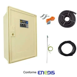 Tecko Tableau Électrique Pré-Équipé-Coffret de chantier monophasé 12 kW - pack complet raccordement aérien 15m conforme ENEDIS avec 1 prise et bornier IP2X