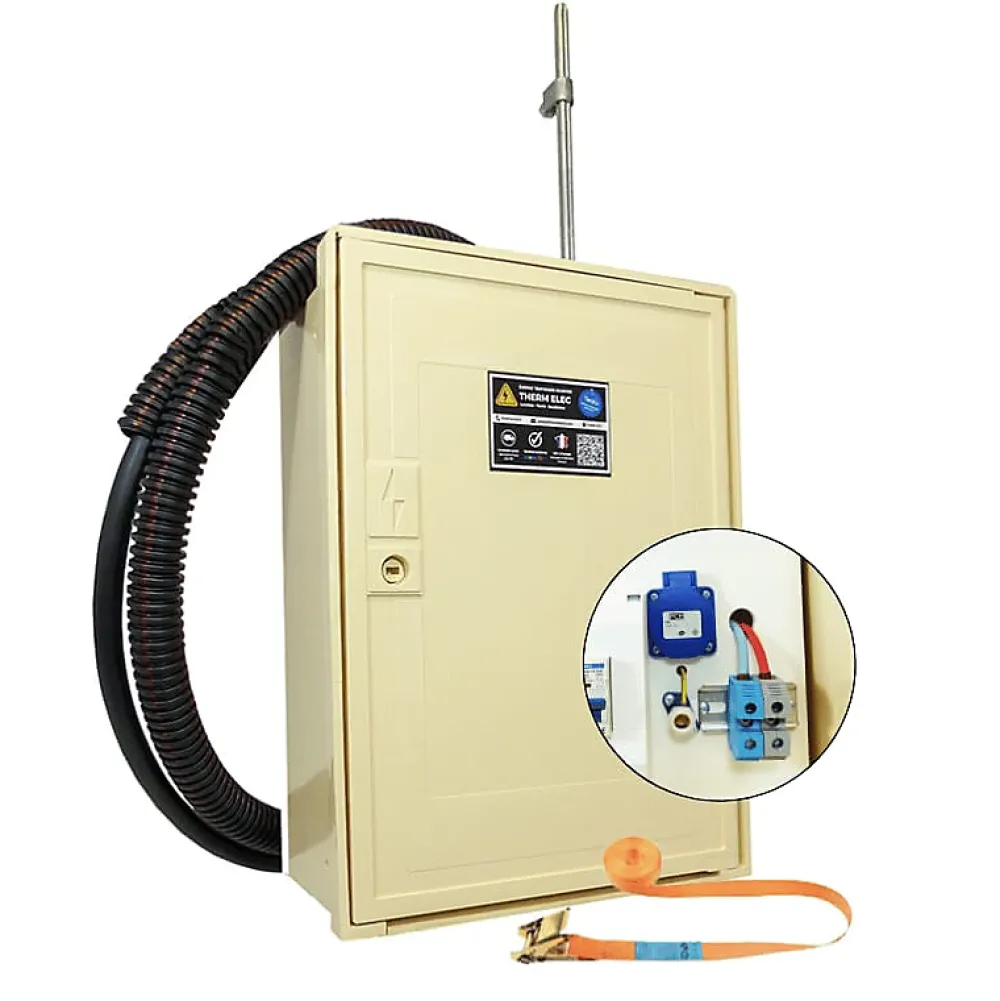 Tecko Tableau Électrique Pré-Équipé-Coffret de chantier monophasé 12 kW - pack complet raccordement aérien 15m conforme ENEDIS avec 1 prise et bornier IP2X
