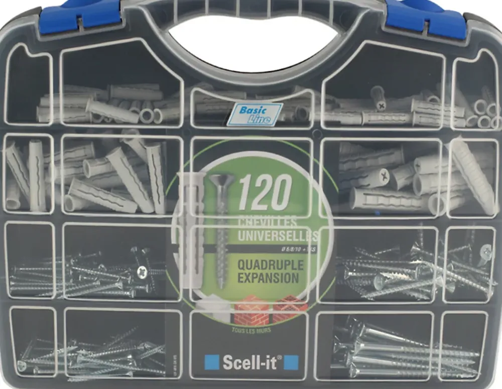 Scell-It Coffret de 120 chevilles 100% nylon quadruple expansion + vis assorties