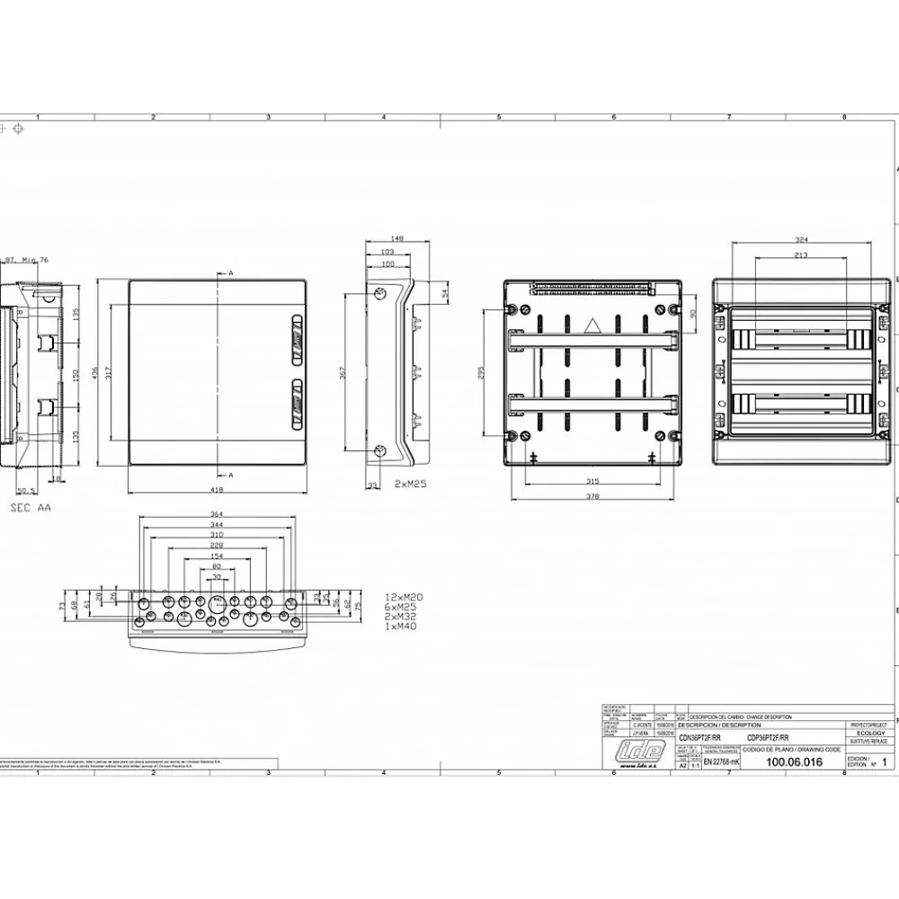 Ide Tableau Électrique Nu-Coffret électrique étanche Pour L'extérieur Ip65 - 2 Rangées De 18 Modules - Hxlxp 436x418x148mm Ecology