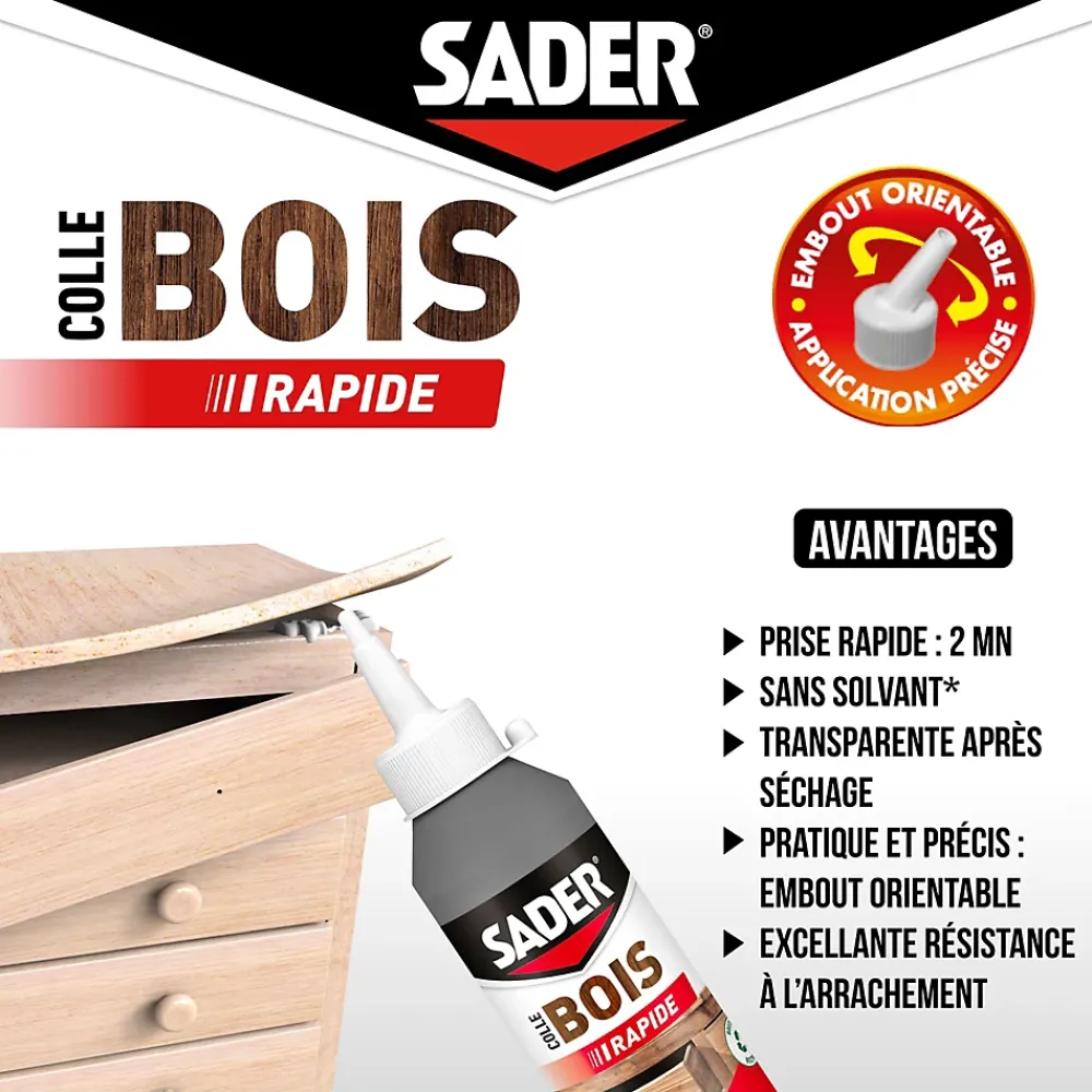 Sader Colle à bois à prise rapide transparente après séchage biberon de 250 g