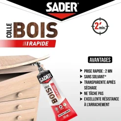 Sader Colle-Colle à bois à prise rapide transparente après séchage tube de 125 ml
