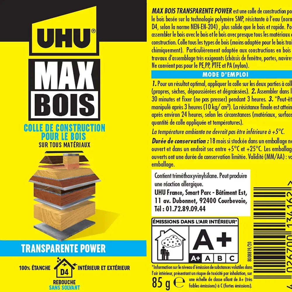 UHU Colle-Colle à bois transparente , tube 85g