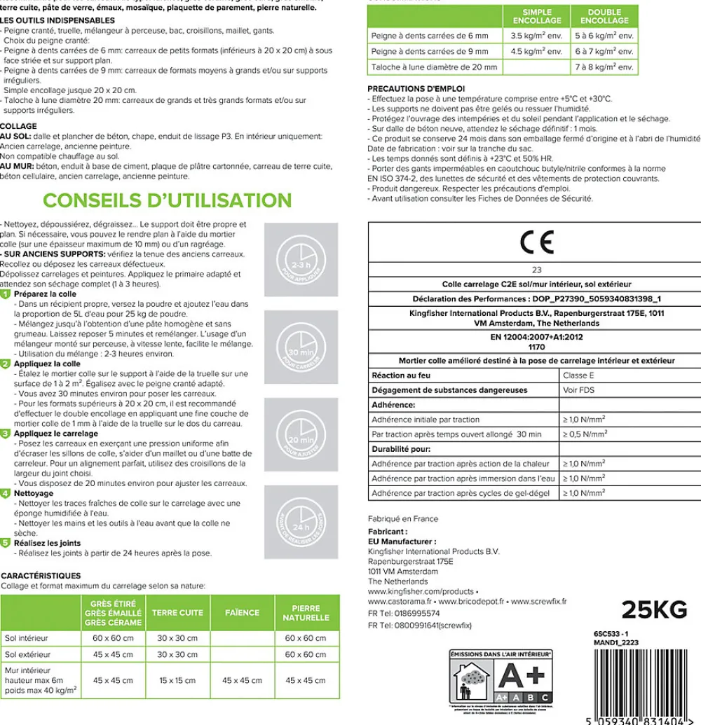Volden Colle carrelage sol int/ext et mur intérieur blanc C2E 25kg