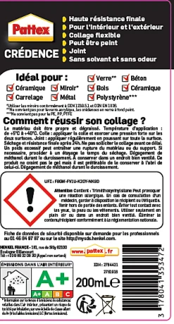 Pattex Colle de fixation crédence 216g