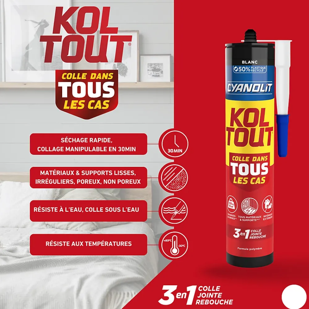 Cyanolit Colle-Colle de fixation Koultout 33301149 couleur blanc résistance 350 kg / 10 cm² séchage en 30 minutes