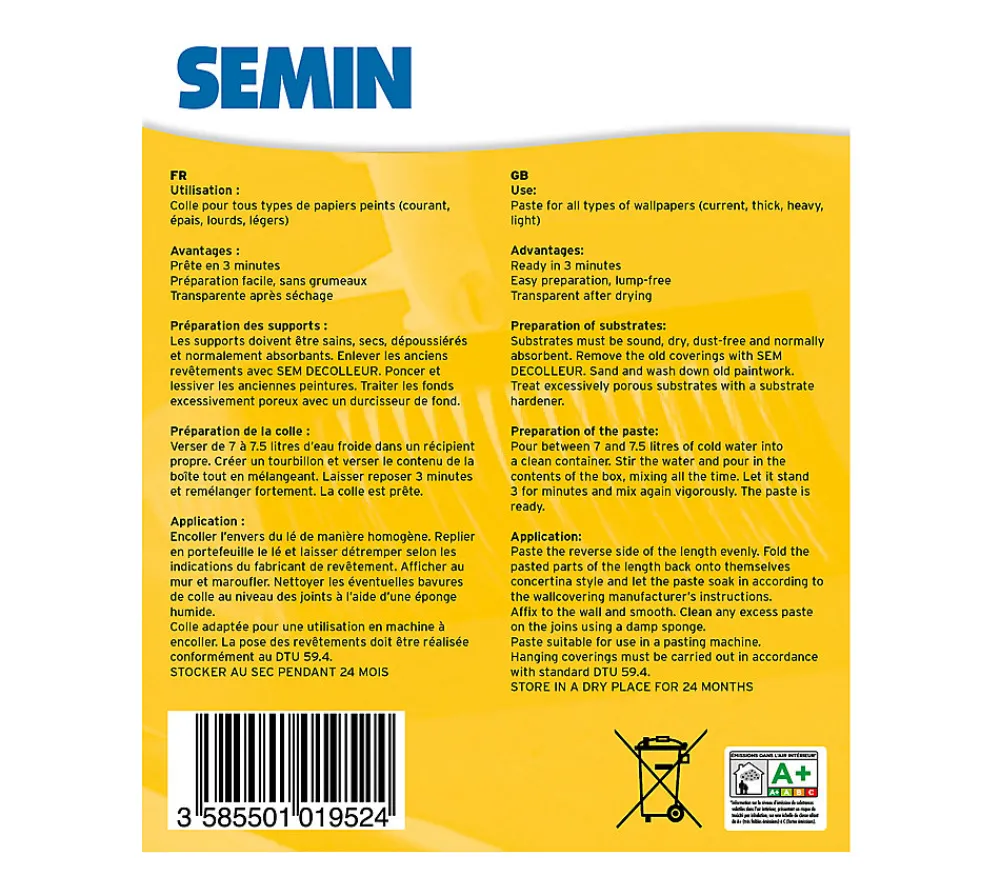 Semin Colle Papier Peint-Colle en Poudre pour Papiers Peints Légers et Lourds , Boite 250 g