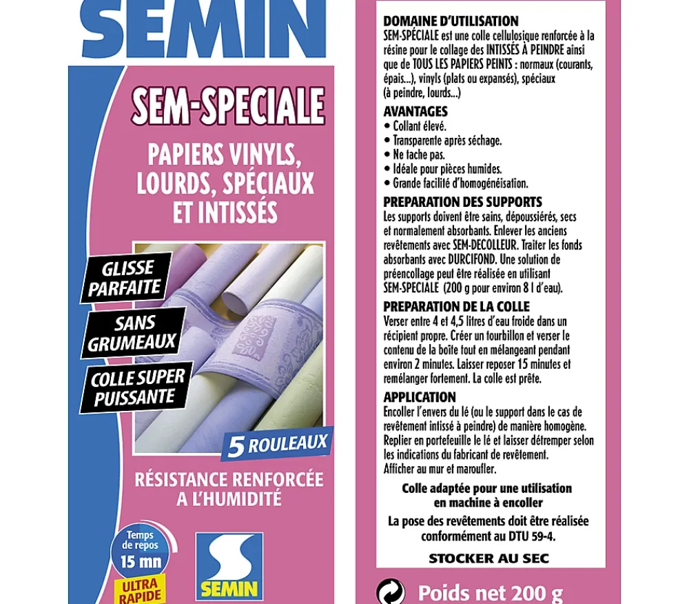 Semin Colle en Poudre pour Papiers Peints Sem-Spéciale , Vinyls, Lourds, Spéciaux et Intissés, Intérieur, Boite 200 g (lot de 3)