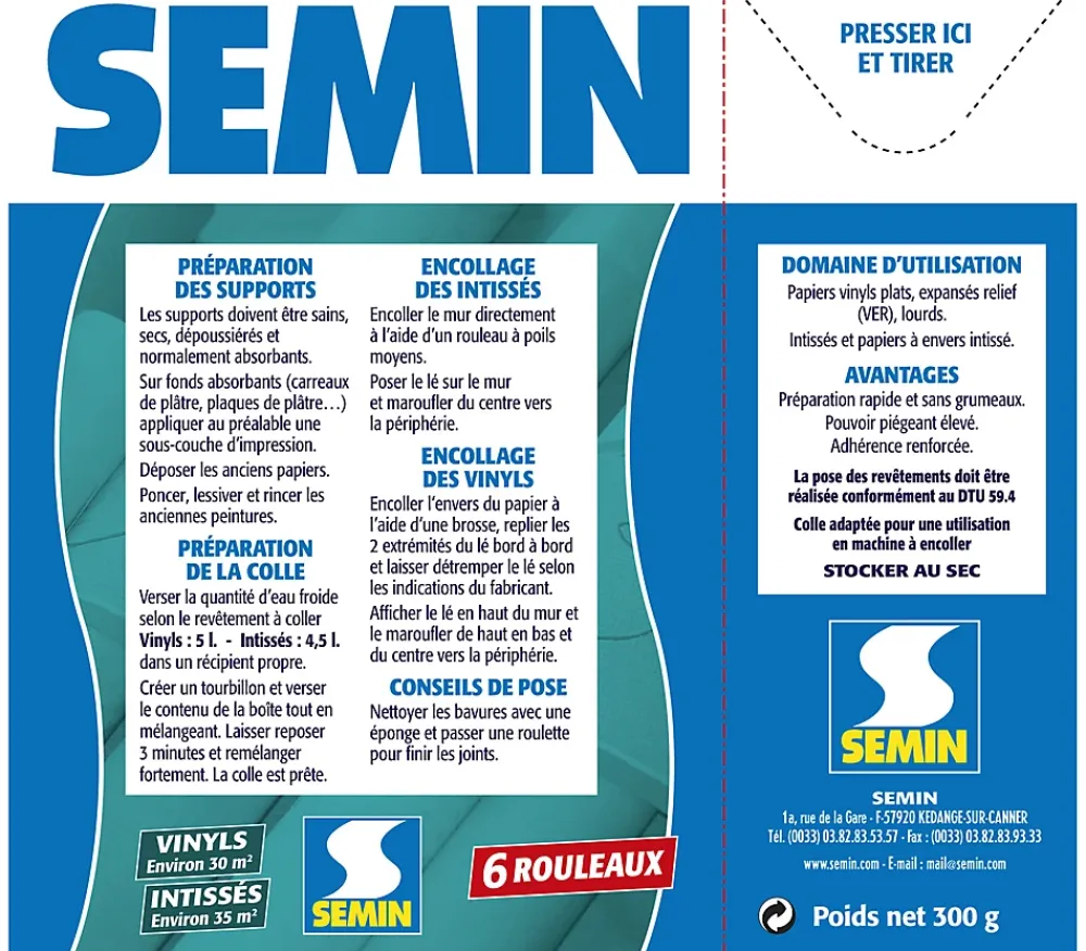 Semin Colle en Poudre pour Papiers Peints Vinyls et Intissés , Boite de 300 g