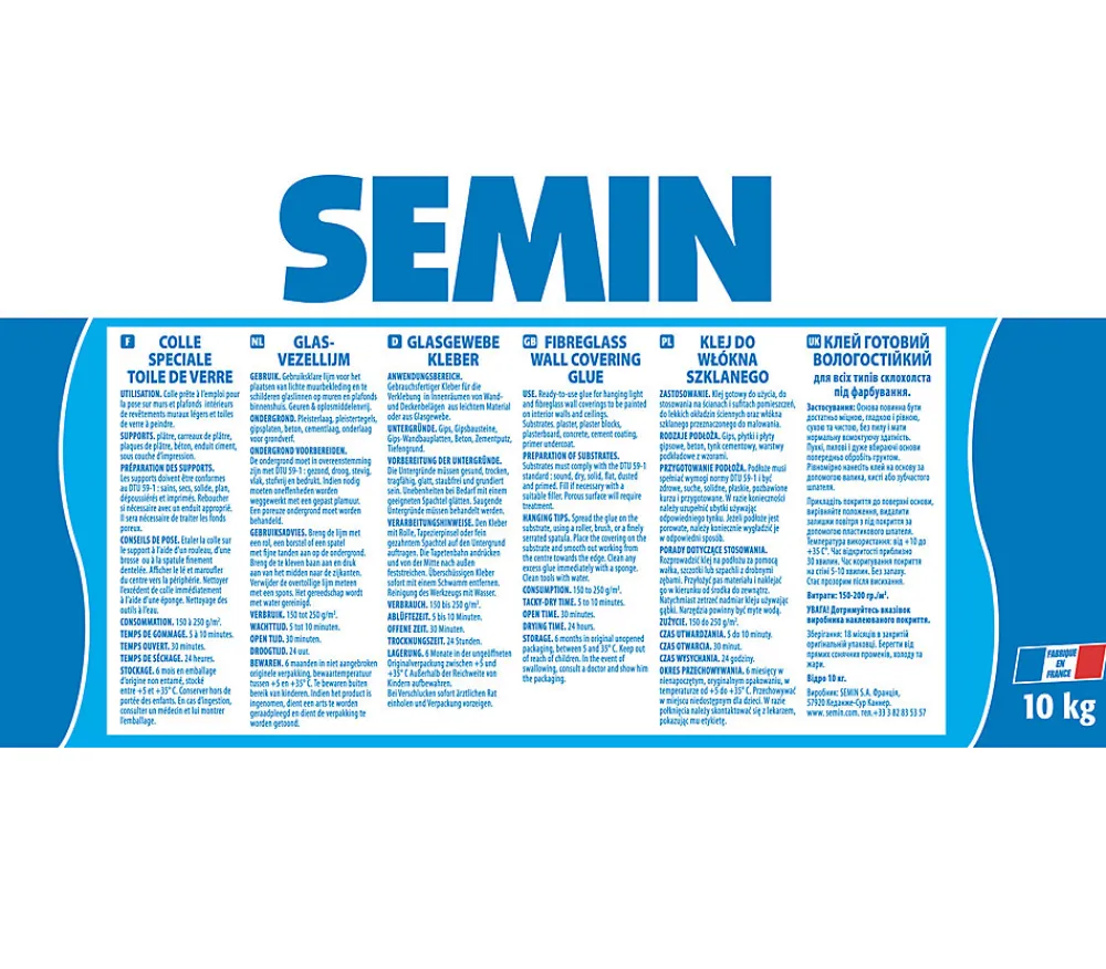 Semin Colle en Pâte pour Toiles de Verre , Prête à l'Emploi, Seau de 10 kg