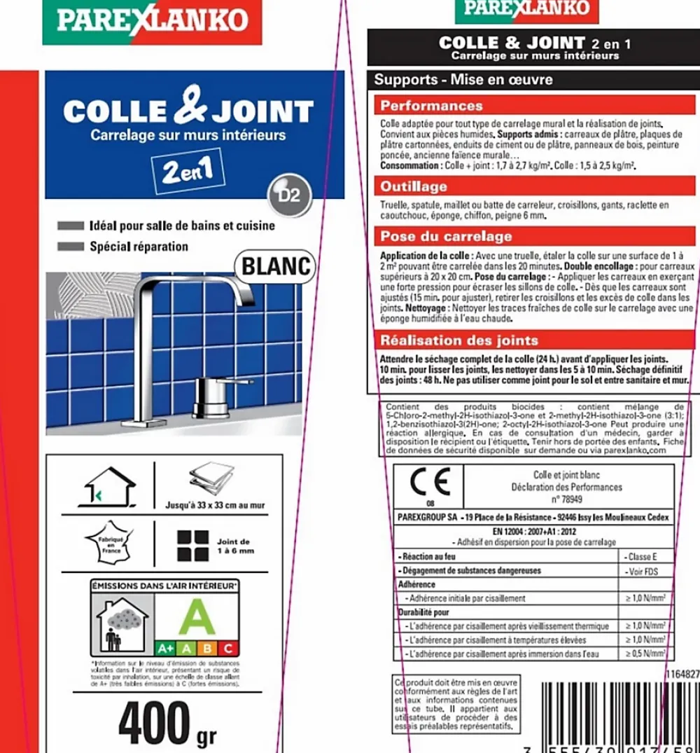 Parexlanko Colle et joint carrelage mur intérieur blanc 400 g
