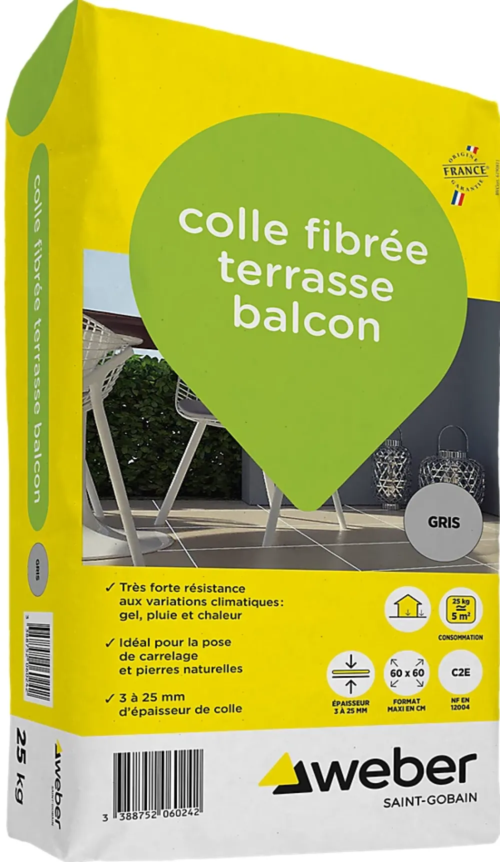 Weber Saint-Gobain Colle fibrée terrasse balcon gris Weber 25kg