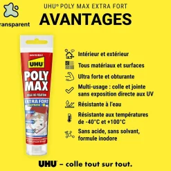 UHU Mastic, Cartouche Joint Et Silicone-Colle mastic extra forte express Poly Max transparente tube 115g