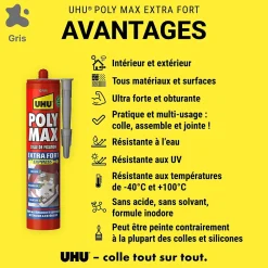 UHU Colle-Colle mastic extra forte Poly max gris 425g