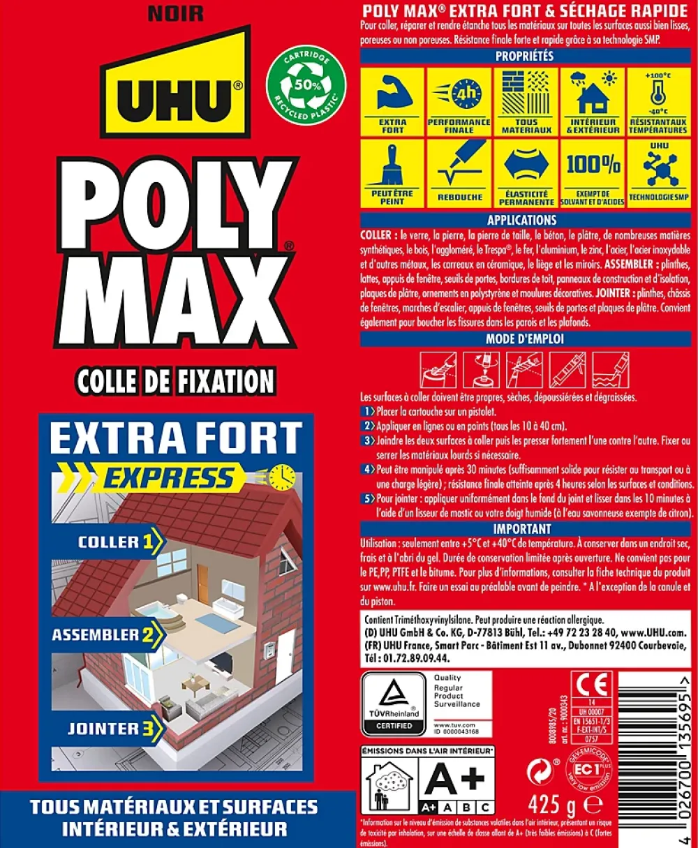 UHU Colle mastic extra forte Poly max noir 425g