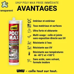 UHU Colle mastic prise immédiate express invisible cartouche 300g