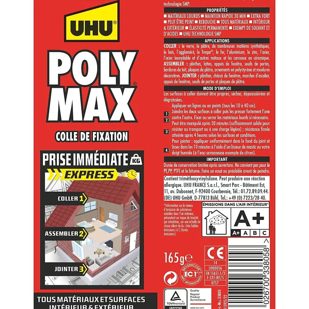 UHU Colle mastic prise immédiate express blanc tube 165g