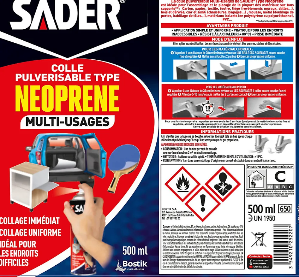 Sader Colle-Colle Multi-usages Pulvérisable type Néoprène Aérosol 500 ml
