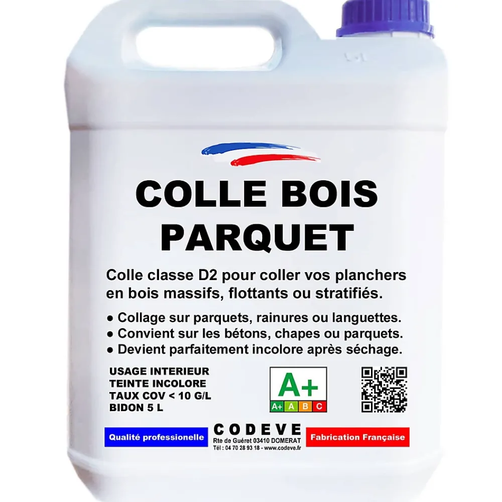 Codève Bois Colle Parquet-Colle Parquet - 5 L - Codeve Bois - Pour L'assemblage De Votre Parquet, Plancher, Escalier Ou Autre Sol En Bois.