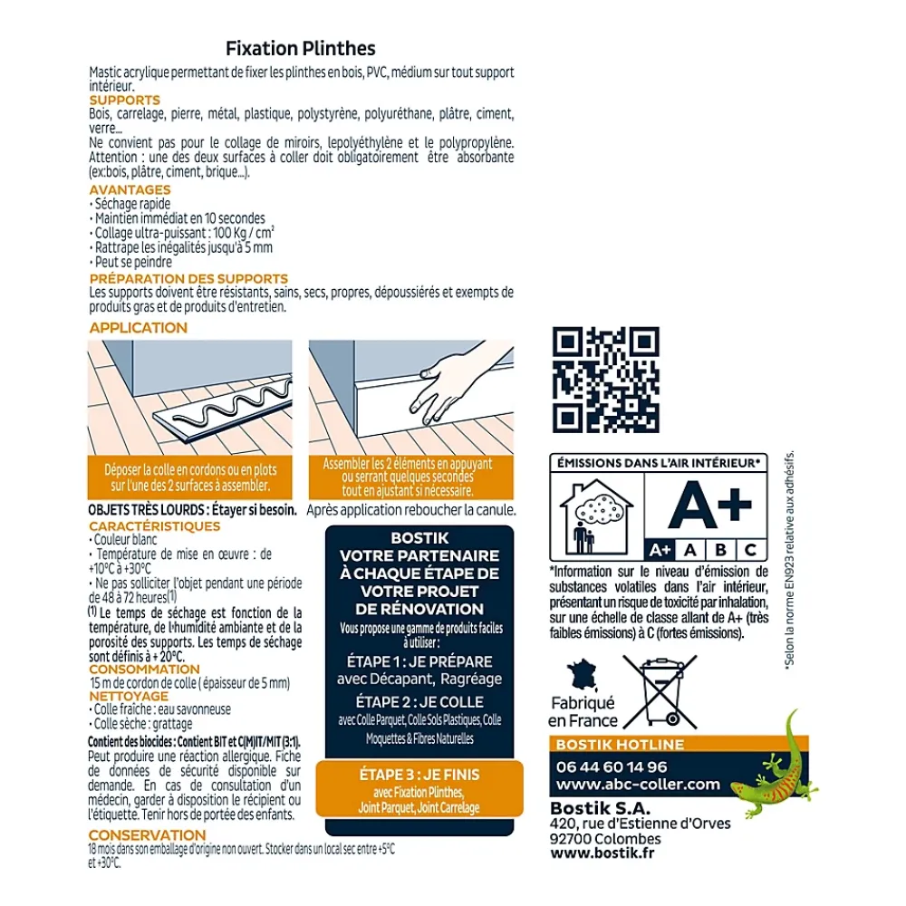 Bostik Colle Parquets Fixation Plinthes Cartouche 310 ml