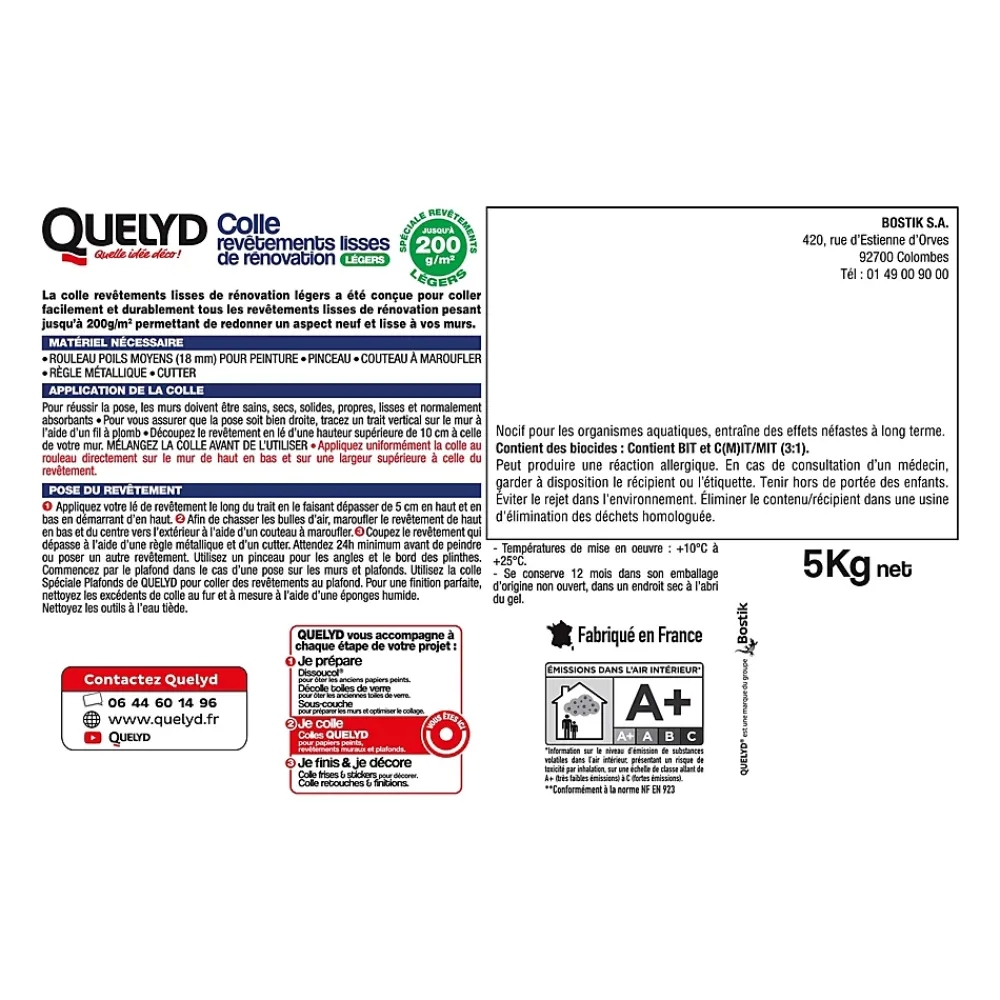 Quelyd Colle pour revêtements lisses de rénovations légers (jusqu'à 200g/m²) pâte 5kg