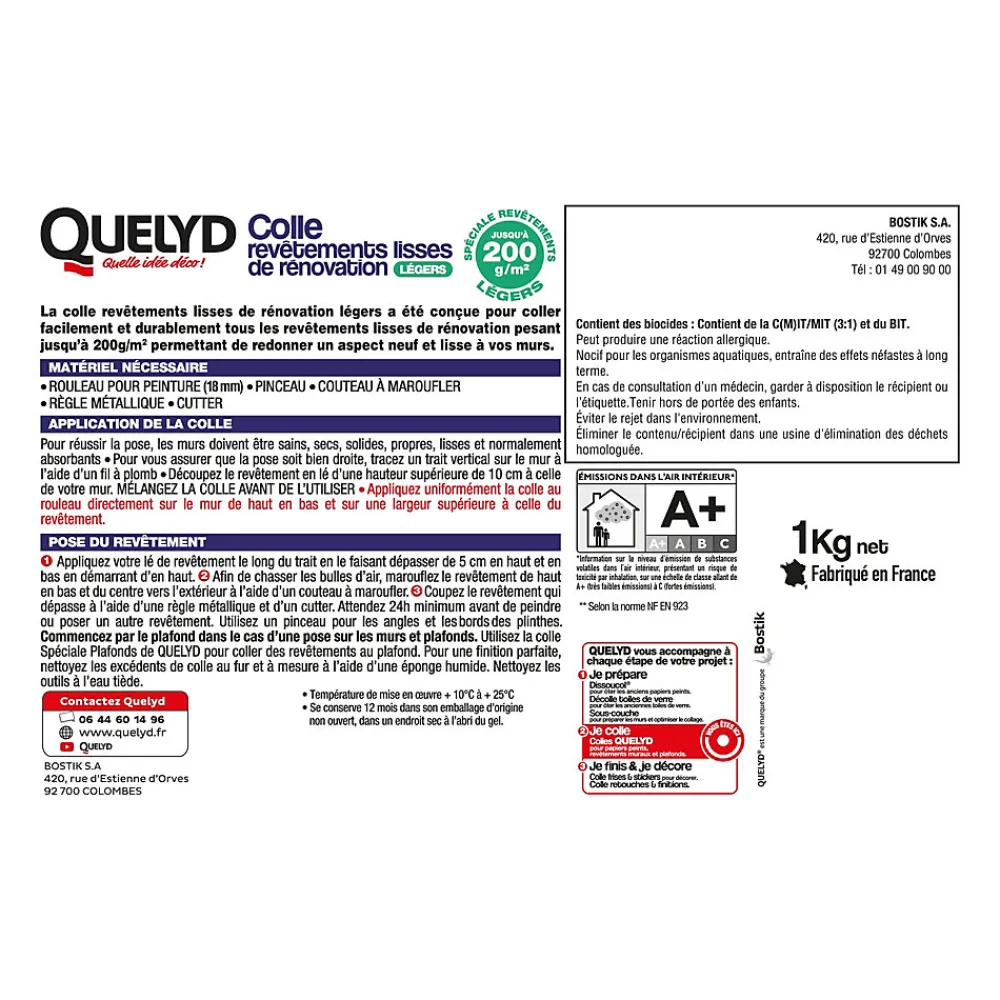Quelyd Colle Papier Peint-Colle pour revêtements lisses de rénovations légers (jusqu'à 200g/m²) pâte 1kg