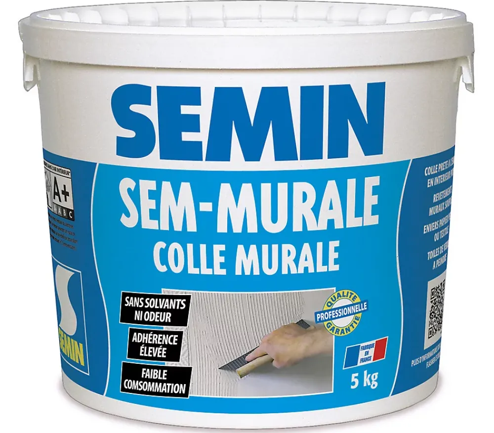 Semin Colle Papier Peint-Colle pour Toiles de Verre et Revêtements Muraux Légers Sem Murale, Prêt à l'Emploi, Seau 5 kg