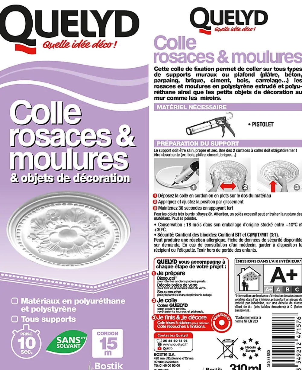 Quelyd Colle|Colle Pour Polystyrène-Colle pour Rosaces, Moulures et Objets de décoration Cartouche 310 ml