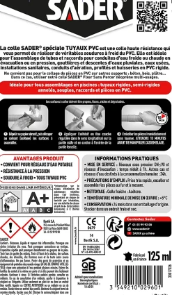 Sader Colle pour Raccords et Tuyaux en PVC Tube 125 ml