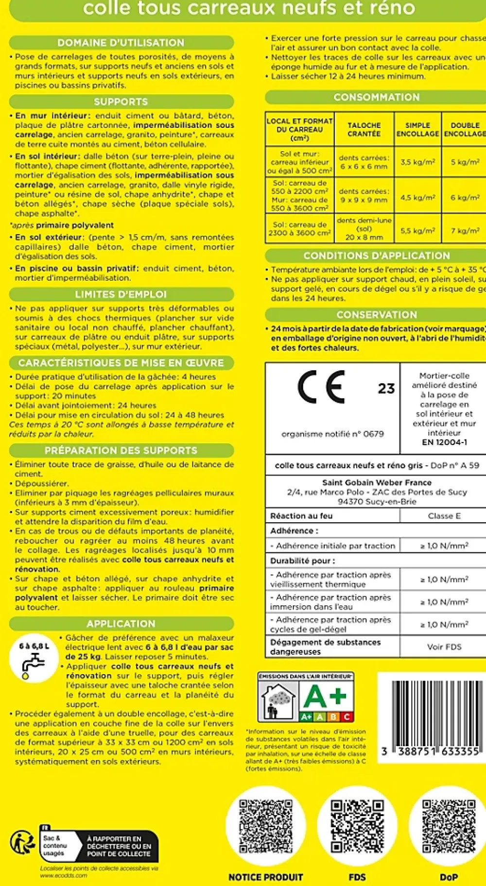 Weber Saint-Gobain Colle tous carreaux neufs et réno gris Weber 25kg