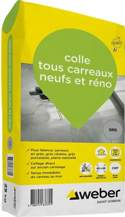 Weber Saint-Gobain Colle tous carreaux neufs et réno gris Weber 25kg