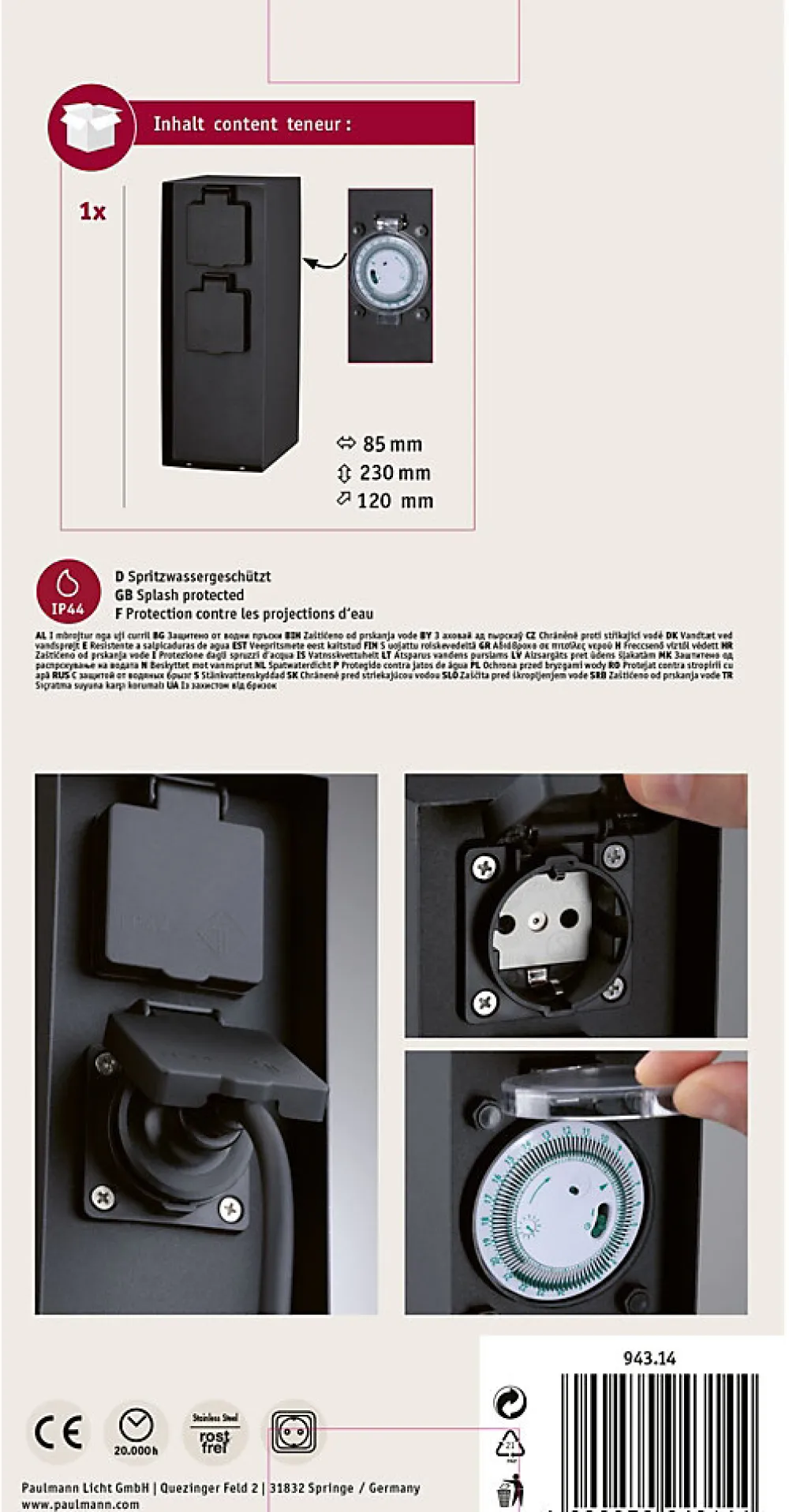Paulmann Colonne de prises Rio Horloge de programmation IP44 Anthracite