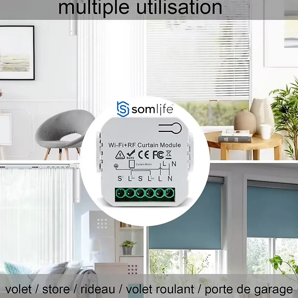 Somlife Commutateur de volet et rideau Wifi Rf Tuya Smart Life Module pour volet roulant 433 mhz