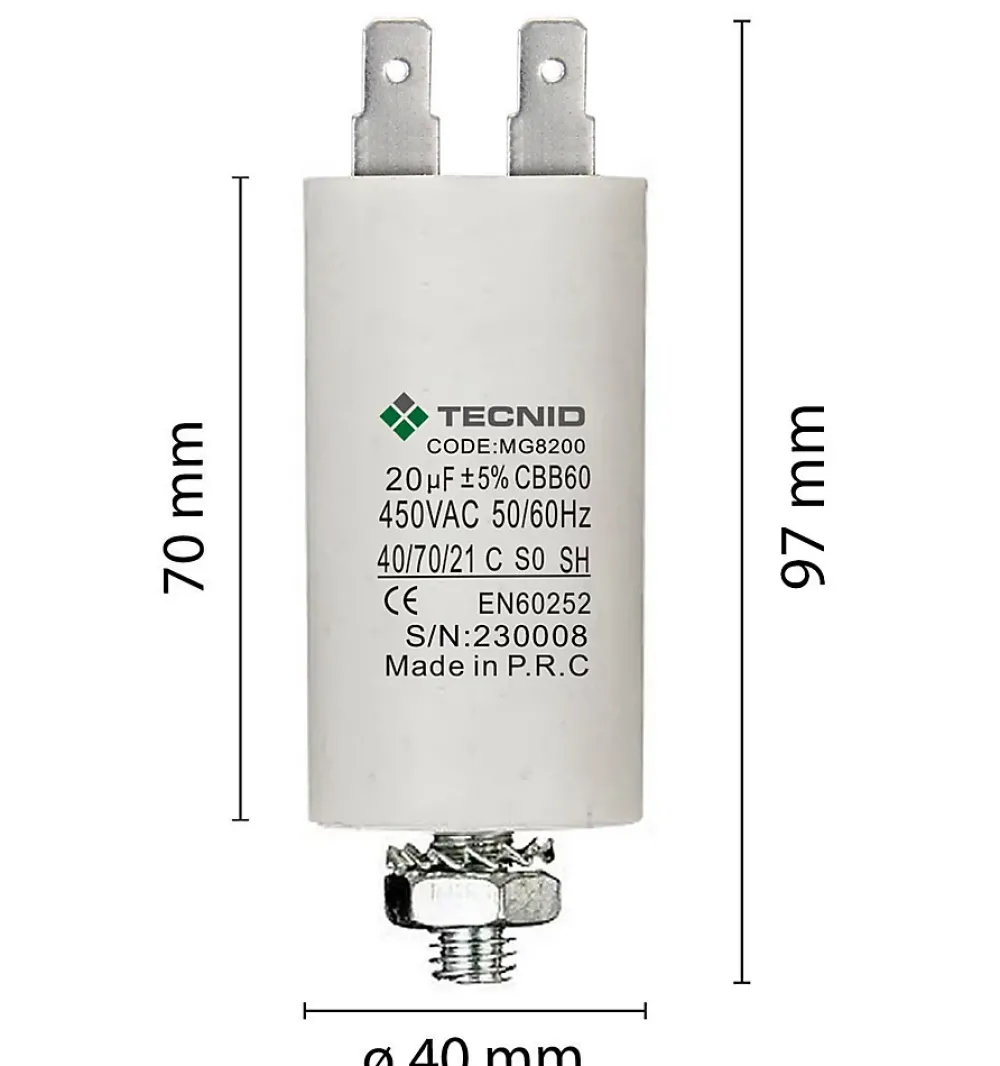 Tecnid Fusible-Condensateur de démarrage pour moteurs électriques, 450V, capacité : 20 microfarad, 4 broches / M8
