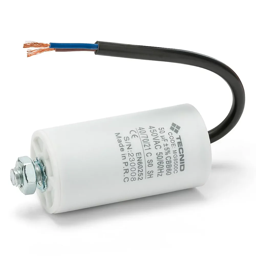 Tecnid Fusible-Condensateur de démarrage pour moteurs électriques, 450V, capacité : 50 microfarad, avec câble de 15cm