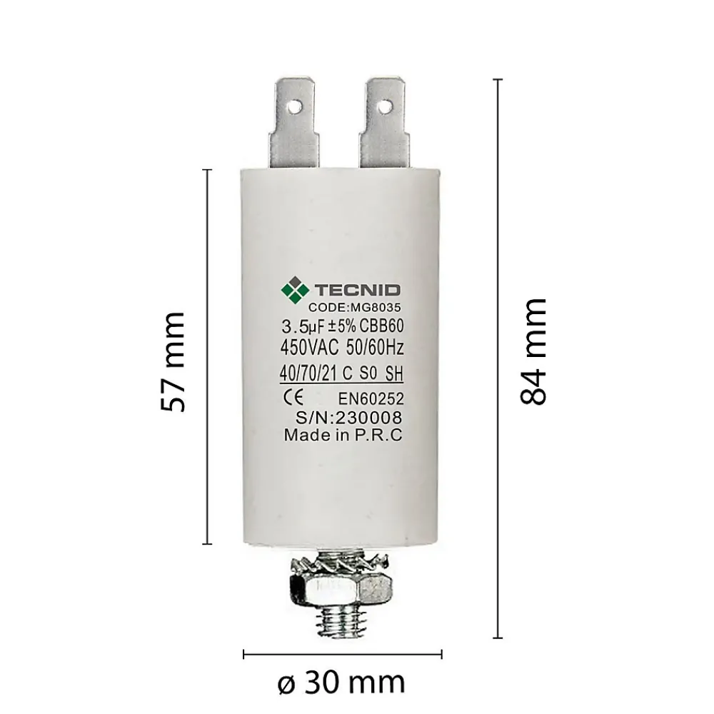 Tecnid Fusible-Condensateur de démarrage pour moteurs électriques, 450V, capacité : 3,5 microfarad, 4 broches / M8