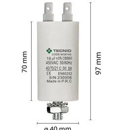Tecnid Fusible-Condensateur de démarrage pour moteurs électriques, 450V, capacité : 16 microfarad, 4 broches / M8