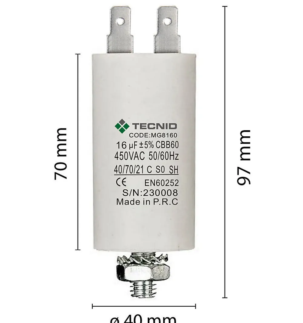 Tecnid Fusible-Condensateur de démarrage pour moteurs électriques, 450V, capacité : 16 microfarad, 4 broches / M8