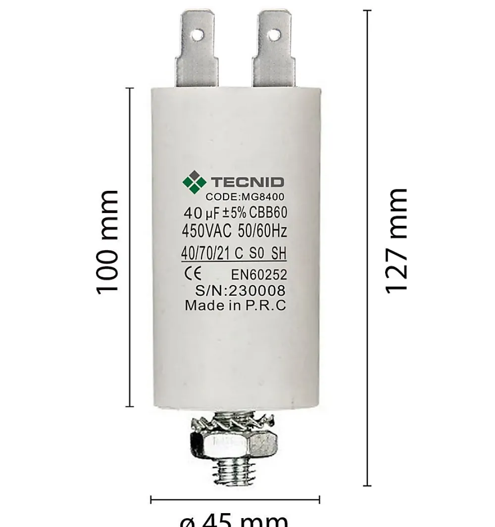 Tecnid Condensateur de démarrage pour moteurs électriques, 450V, capacité : 40 microfarad, 4 broches / M8