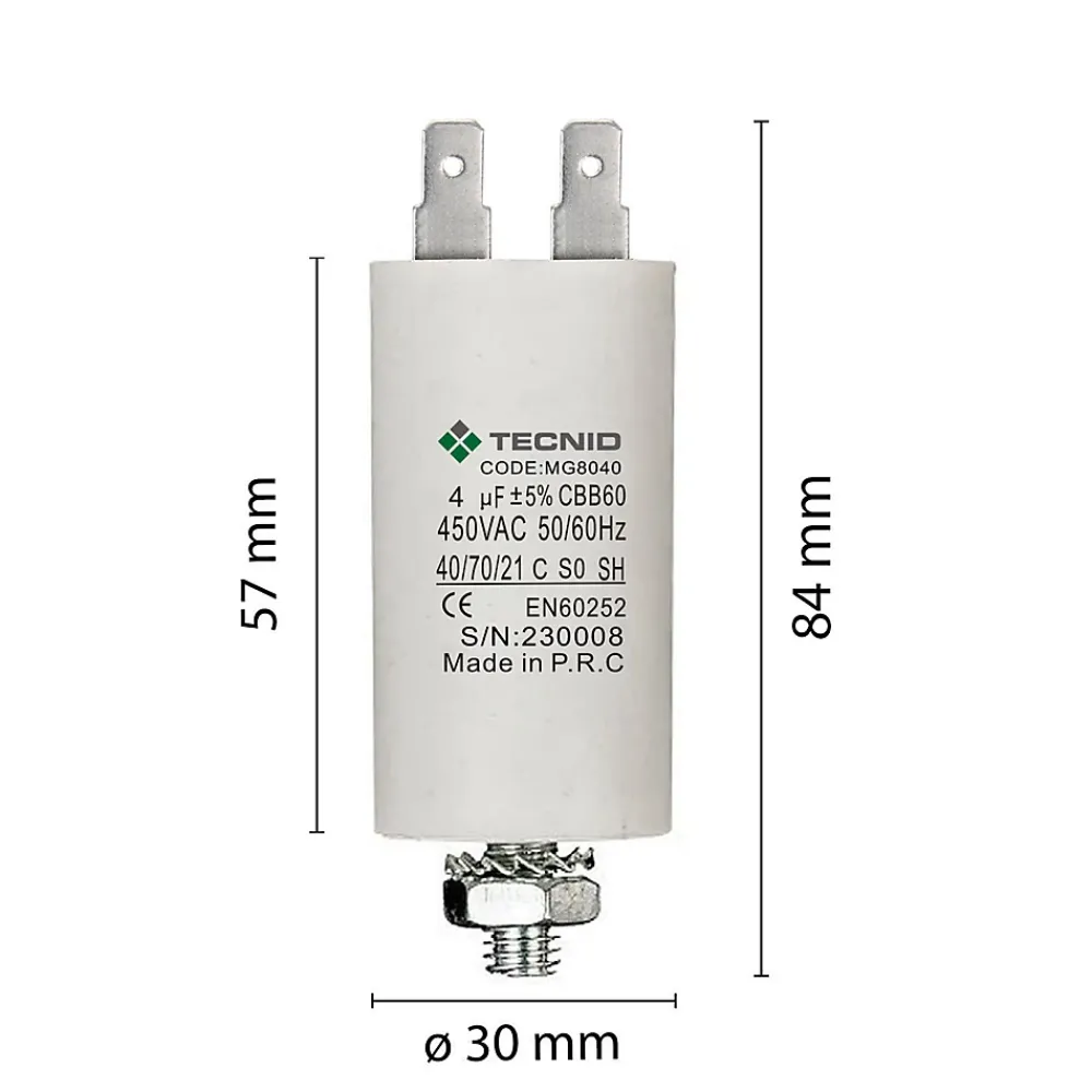 Velamp Fusible-Condensateur de démarrage pour moteurs électriques, 450V, capacité : 4 microfarad, 4 broches / M8